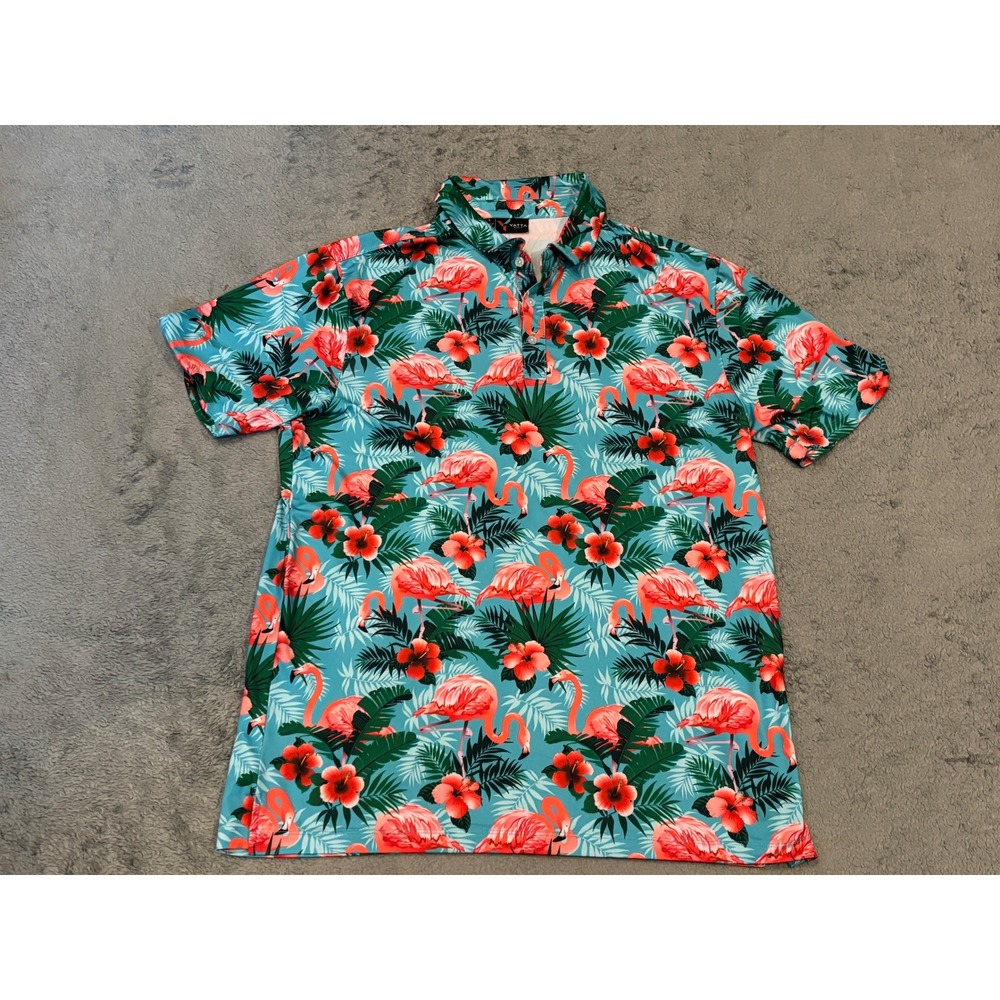 Yatta Golf Mens Flamingo Hibiscus Tropical Performance Polo Shirt Blue Large L